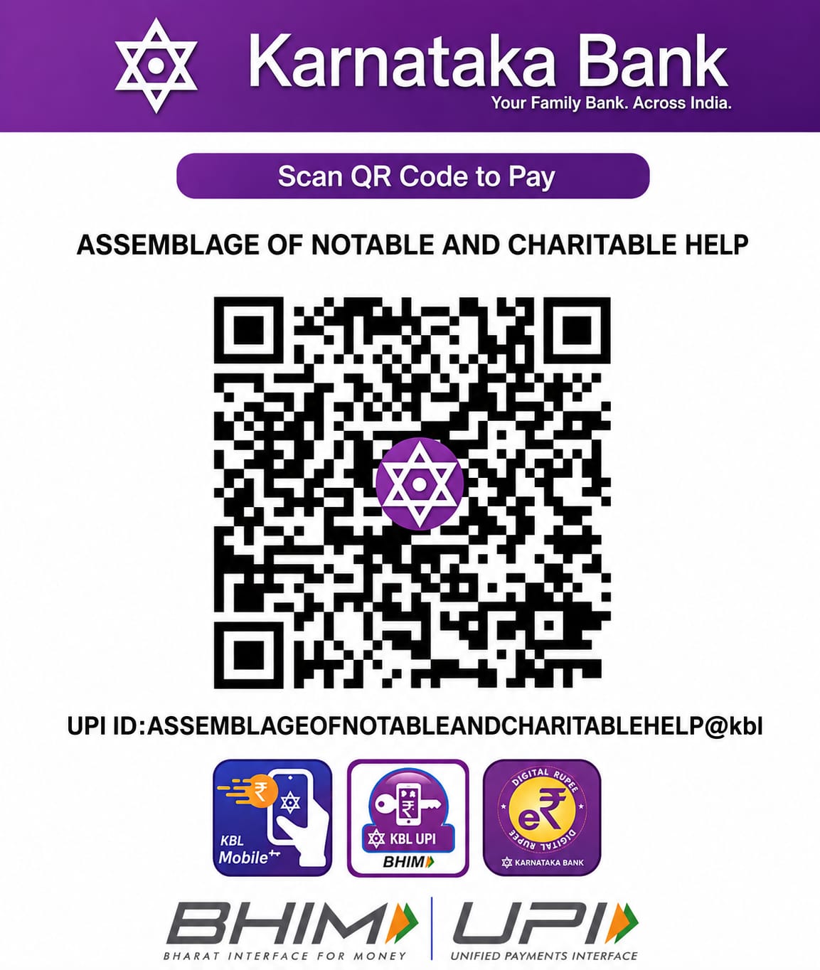 Karnataka Bank UPI QR Code for ANCHOR donation